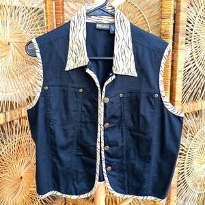 Vintage Sun River Essentials Black Denim Vest with Zebra Trim_Med